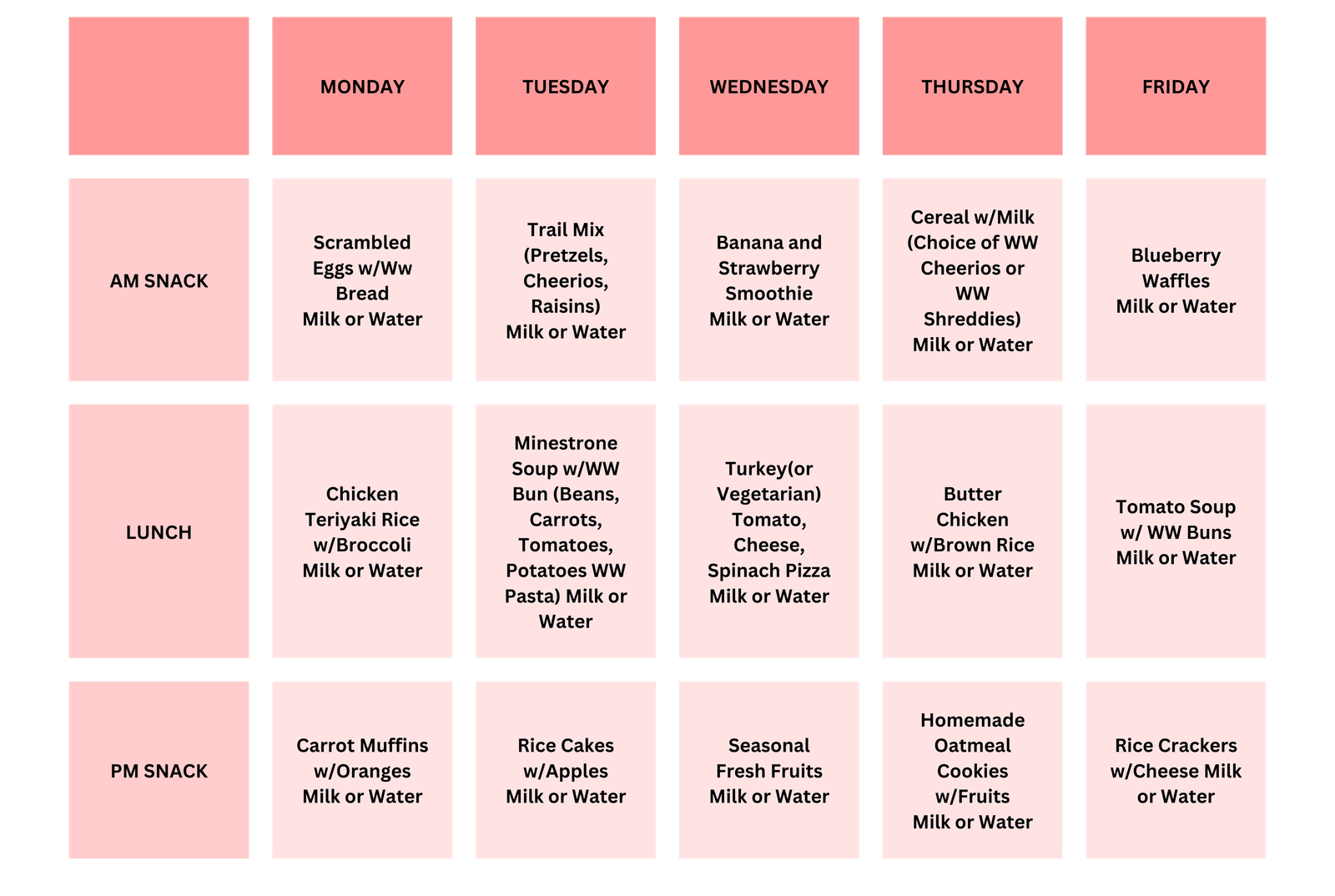 Park Plaza Daycare Week 4 menu